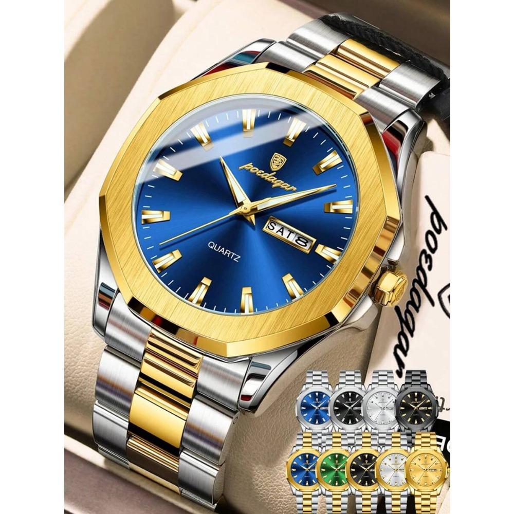 POEDAGAR 1pc Casual Men's Stainless Steel Quartz Wristwatch, Dual Date Display, Business Waterproof Luminous Wristwatch, Men's Gift