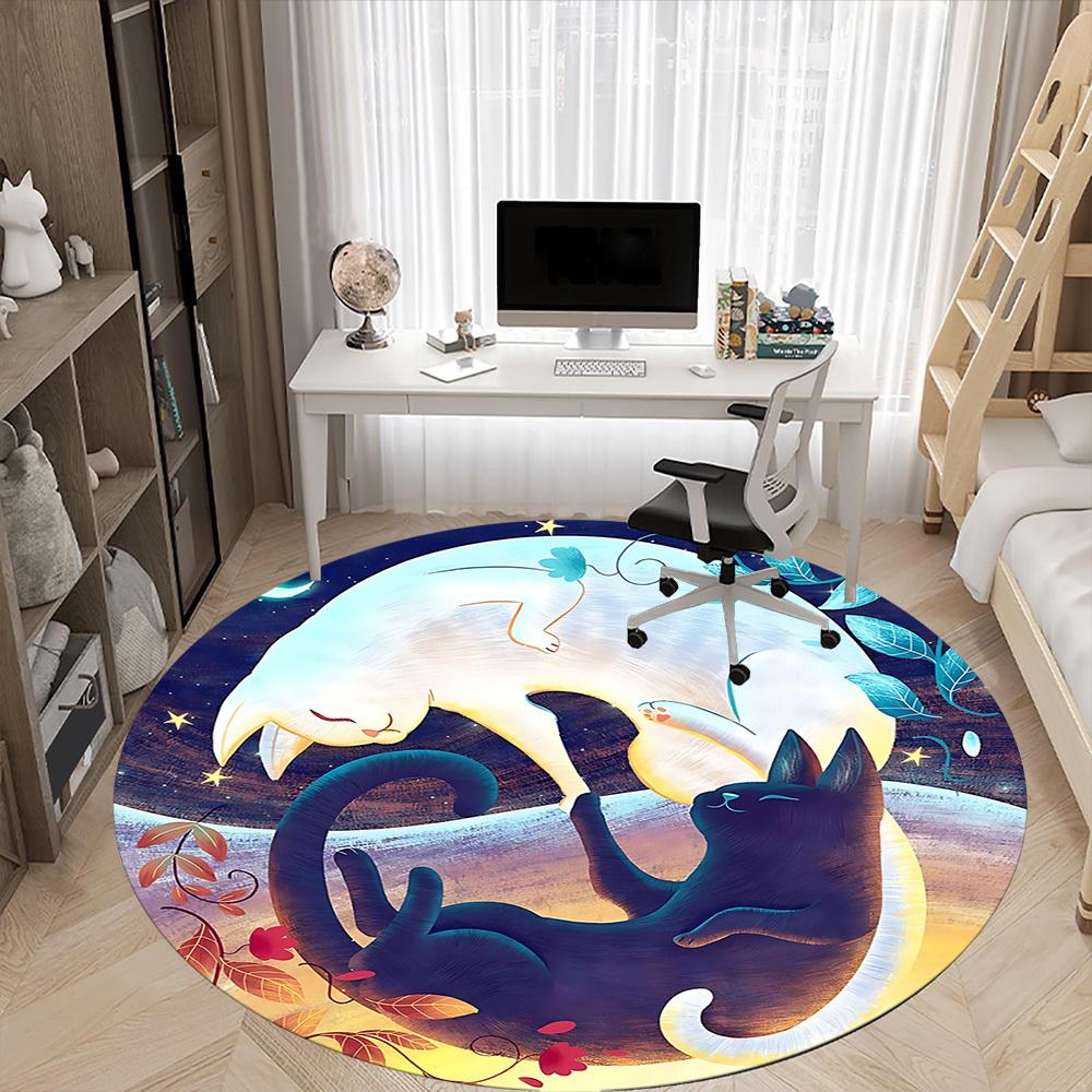1 Stück Mondlicht-Katzen Büro Runder Teppich, Matte Geeignet Für Büro, Unter Bürostühlen Schlafzimmer Wohnzimmer Heimdekoration, Zimmer Deko