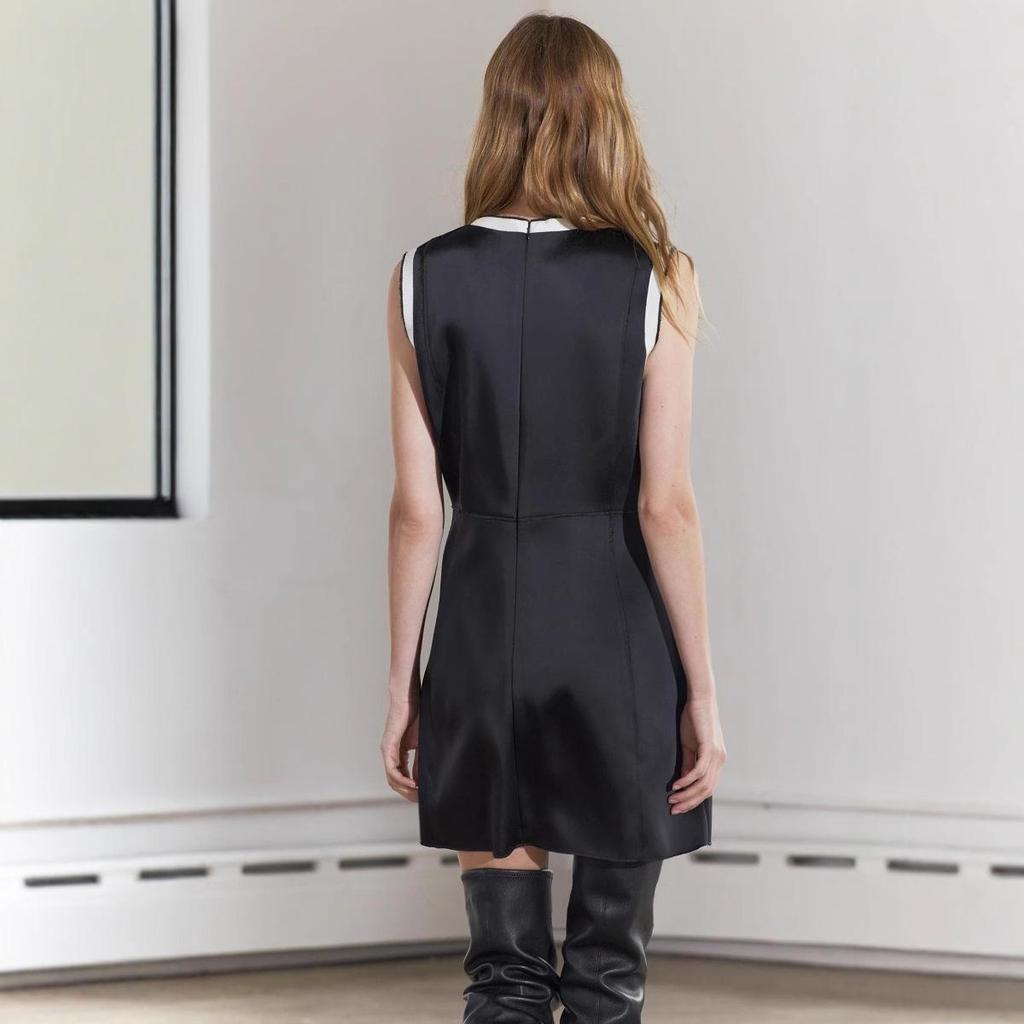2024 Autumn/Winter Women's High-Waist Color-Block Silk Satin Sleeveless Mini Dress