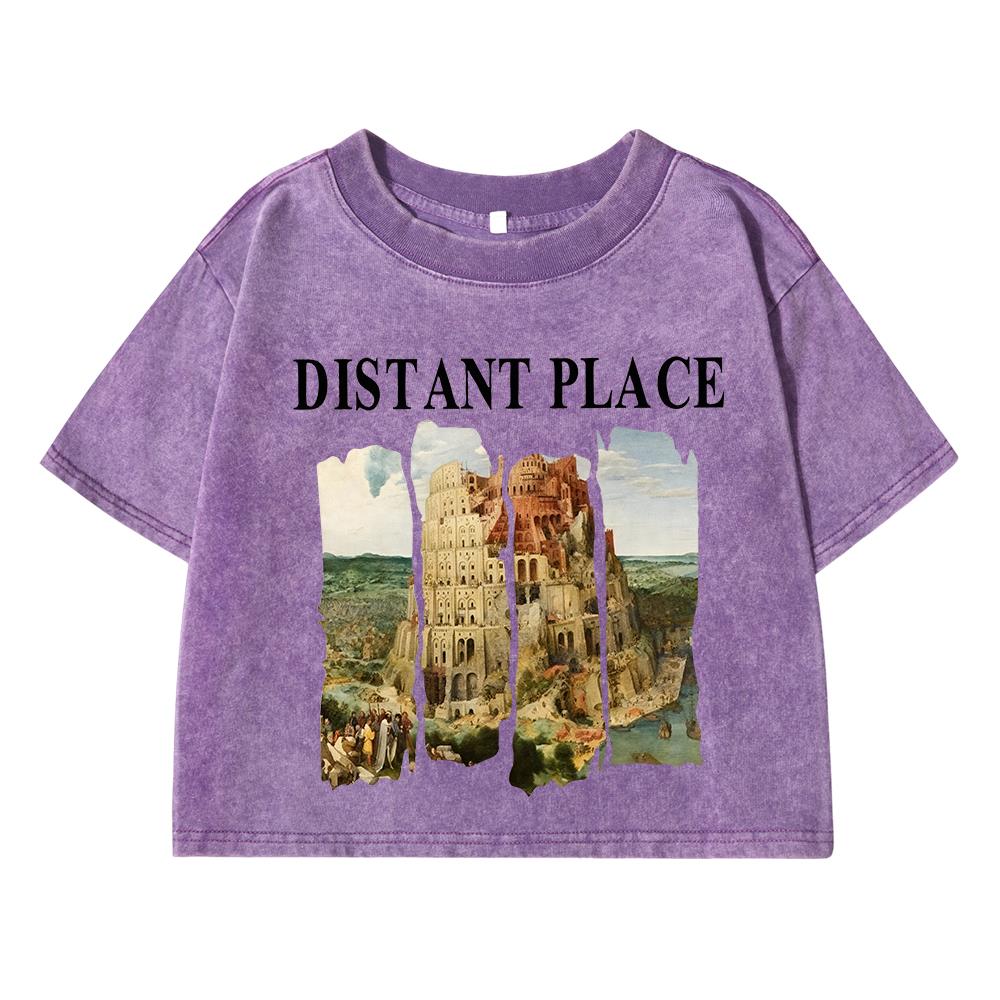 Distant Place Printing Women Washed Short Clothing Breathable Summer T-Shirt Street Fashion Tops O-Neck Short Sleeve