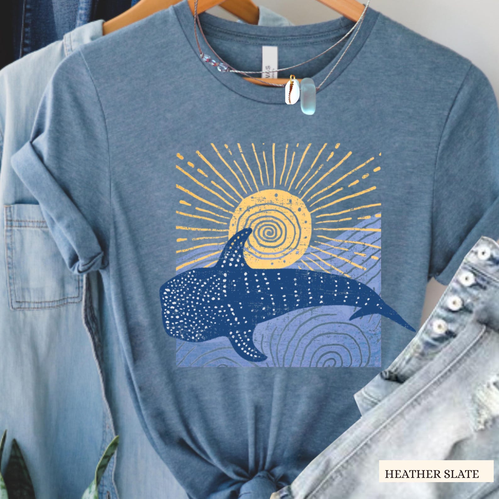 Whale Shark Print Tee: Boho Beach Vacation Shirt S