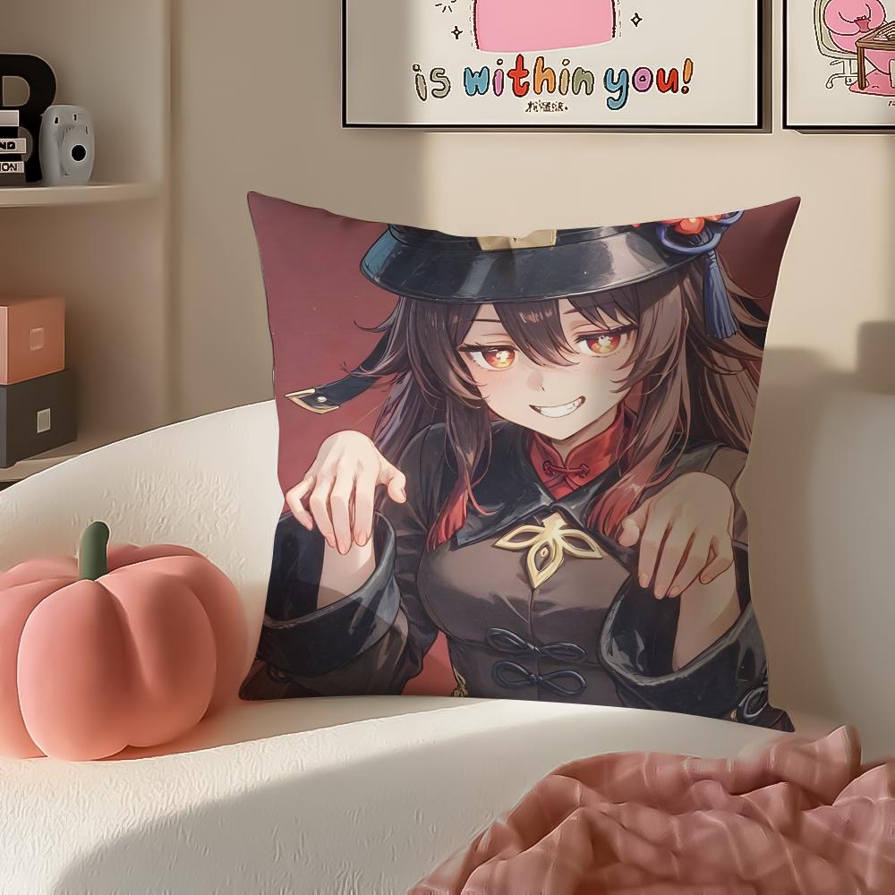 Game Genshin Hu Tao Cushion Cover Pillowcase Short Plush Invisible zipper Room Sofa Cushion Cover