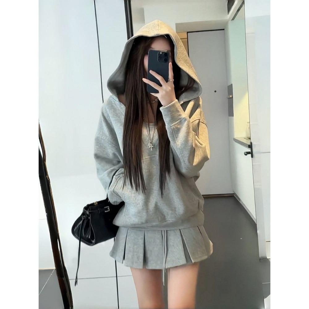 With Hat Hoodies Women Korean Fashion Pullover Solid Simple Leisure All-match High Street Loose Harajuku College Prevalent Ins Women Suit
