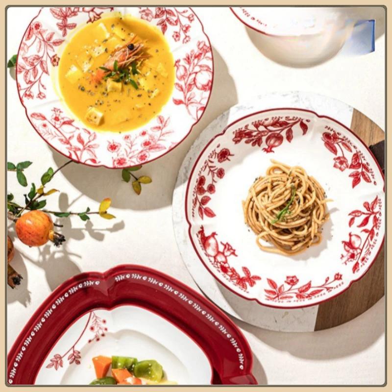 Ceramic Tableware Pomegranate Flower Pattern Housewarming Bowls Plate Steak Plate Dinnerware Microwave Feativel Gift