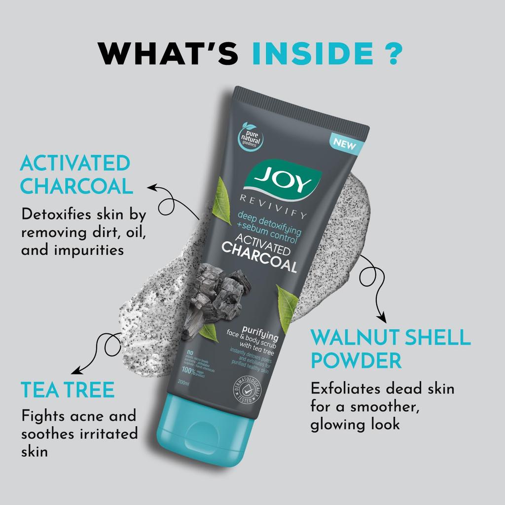 Joy Exfoliating Charcoal Face Scrub 200gm Pack of 1 for Men & Women Oil Control Deep Detox Purifying Skincare