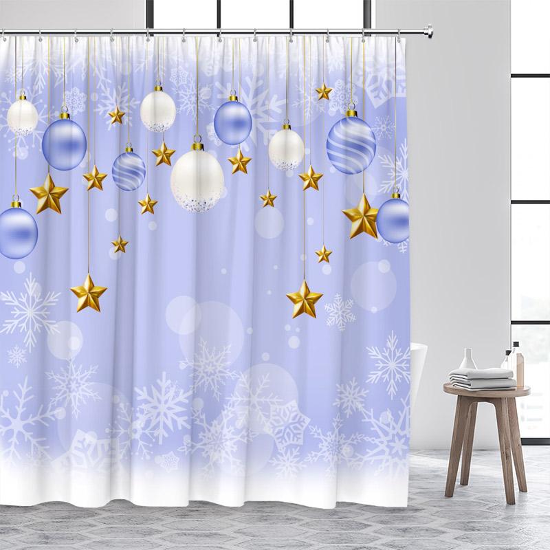 Pink Christmas Shower Curtain Xmas Balls Gold Stars Snowflakes New Year Home Bathroom Decor Bath Curtains Washable with Hooks