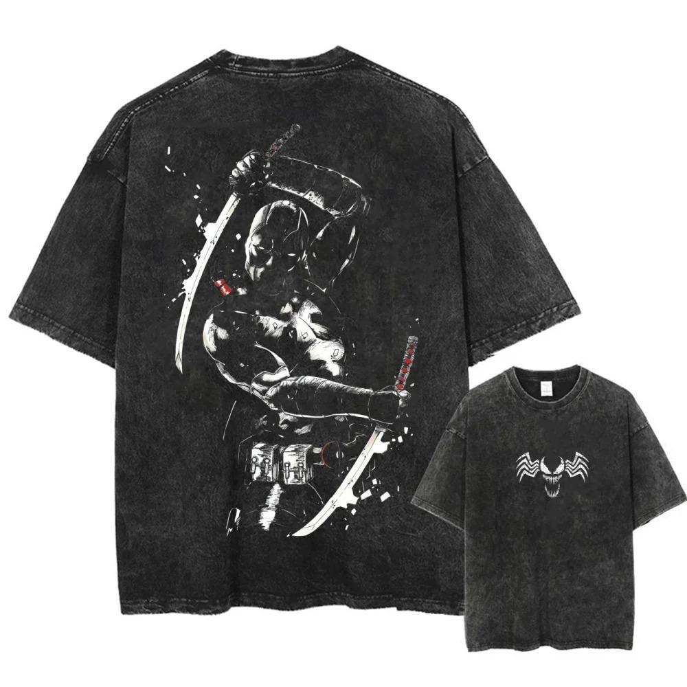 Spider-Man and Venom Printed T-shirt Washed Oversized Y2k Fashion Casual Neutral Short Sleeve Washed Retro Loose T-shirt