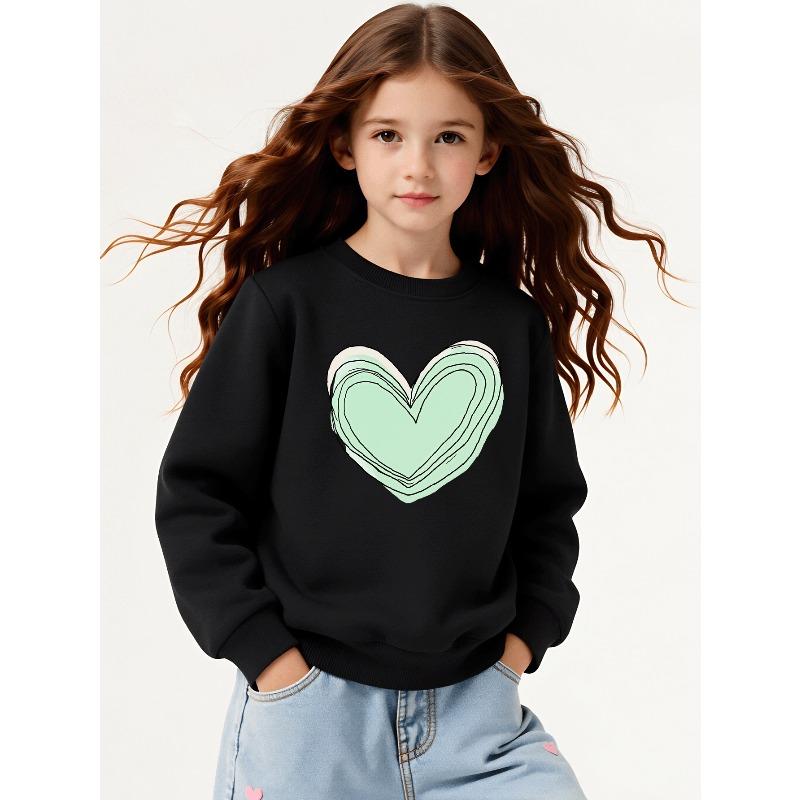 Girls' Long-sleeve Sweatshirt with Round Neck and Printed DesignGreen Layered Heart Suitable for Spring and Autumn, Fashionable and Casual