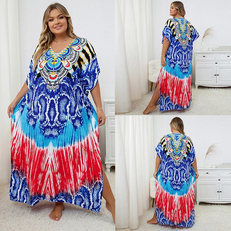 European-American Rayon Print Plus Size Beach Cover-Up Dress & Long Robe