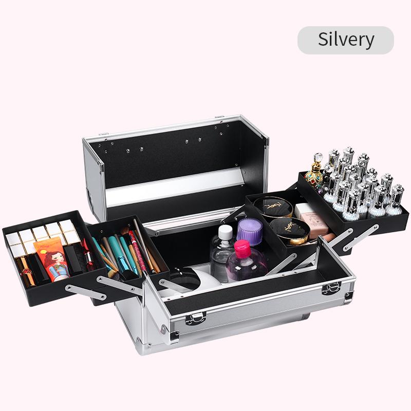 

Portable Makeup Case Organizer Cosmetic Box Travel Makeup Storage Case with 4 Trays Lock for Craft Makeup Box серебряный