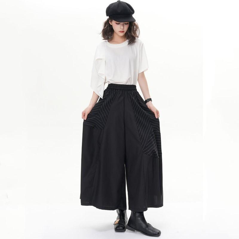 Plus Size Vintage Black Stripe High Waist Casual Loose Summer Wide Leg Pants Women Trousers