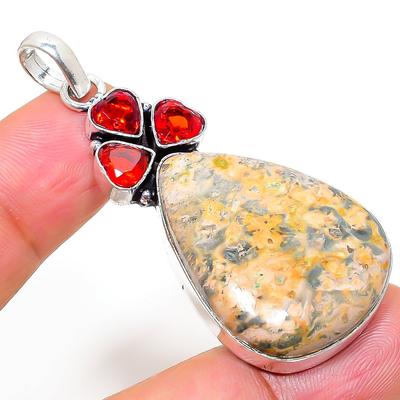 Natural Leopard Skin, Garnet Gemstone 925 Sterling Silver Pendant 2.21" Q6B43