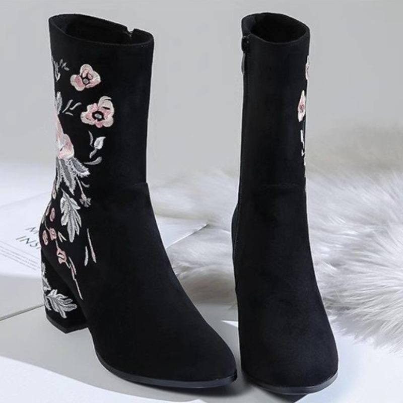 Women's Single Boots Spring Autumn New High Heels Embroidered Color Matching Short Boots Casual Comfort Increase National Boots