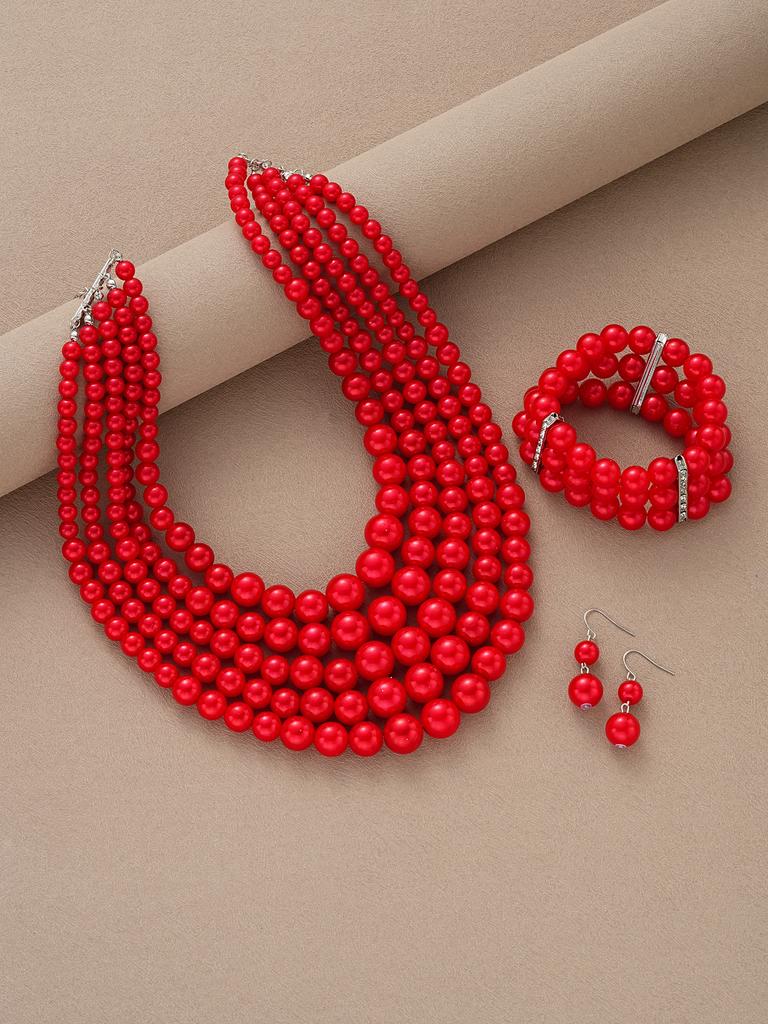 Punk Pearl Jewelry Set for Women Multi Layered Imitation Pearl Choker Necklace Bracelet Drop Earring Set Boho Handmade Jewelry