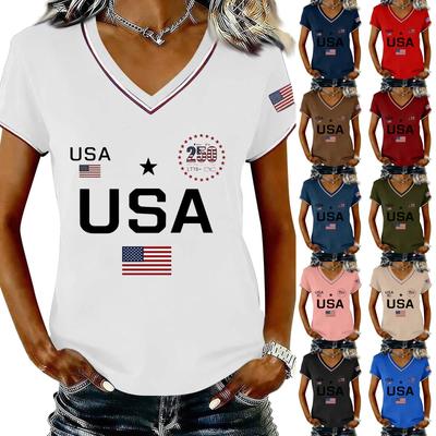 Women's Casual V Neck Short Sleeve Pullover Printed T-Shirt Top