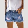 Damen Mid-Rise Shorts Gerader Schnitt Blumen-Leoparden-Patchwork Ausgefranster Saum Lässig Denim-Shorts