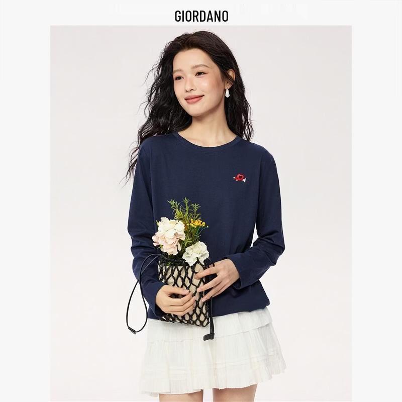 Giordano Women's Fall Pure Cotton Embroidered Dog Long-Sleeve T-Shirt