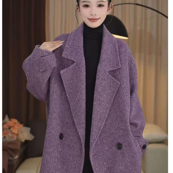 2025 Purple Double-Sided Wool Coat: British Style, Loose Fit for Autumn/Winter
