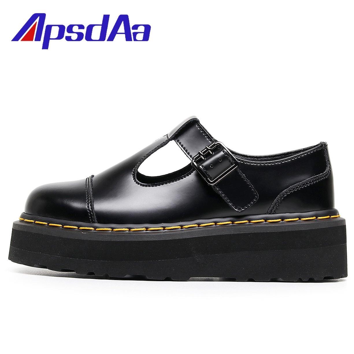 Thick-Soled T-Strap Mary Jane Women Shoes, Genuine Leather Lightweight British Style Platform Martin Shoes 35