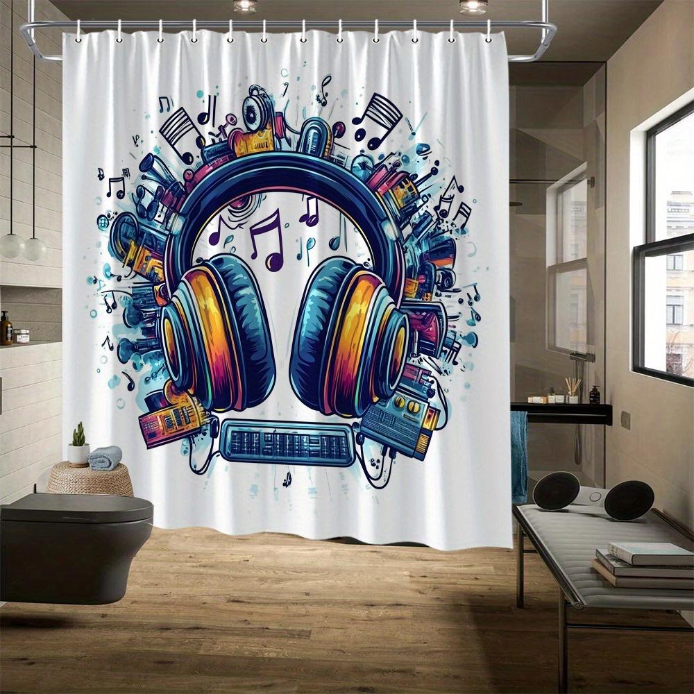 Colorful Music Theme Shower Curtain - Headphones, Boombox & Vinyl Records with Notes, Perfect for Music Lovers' Bath Decor