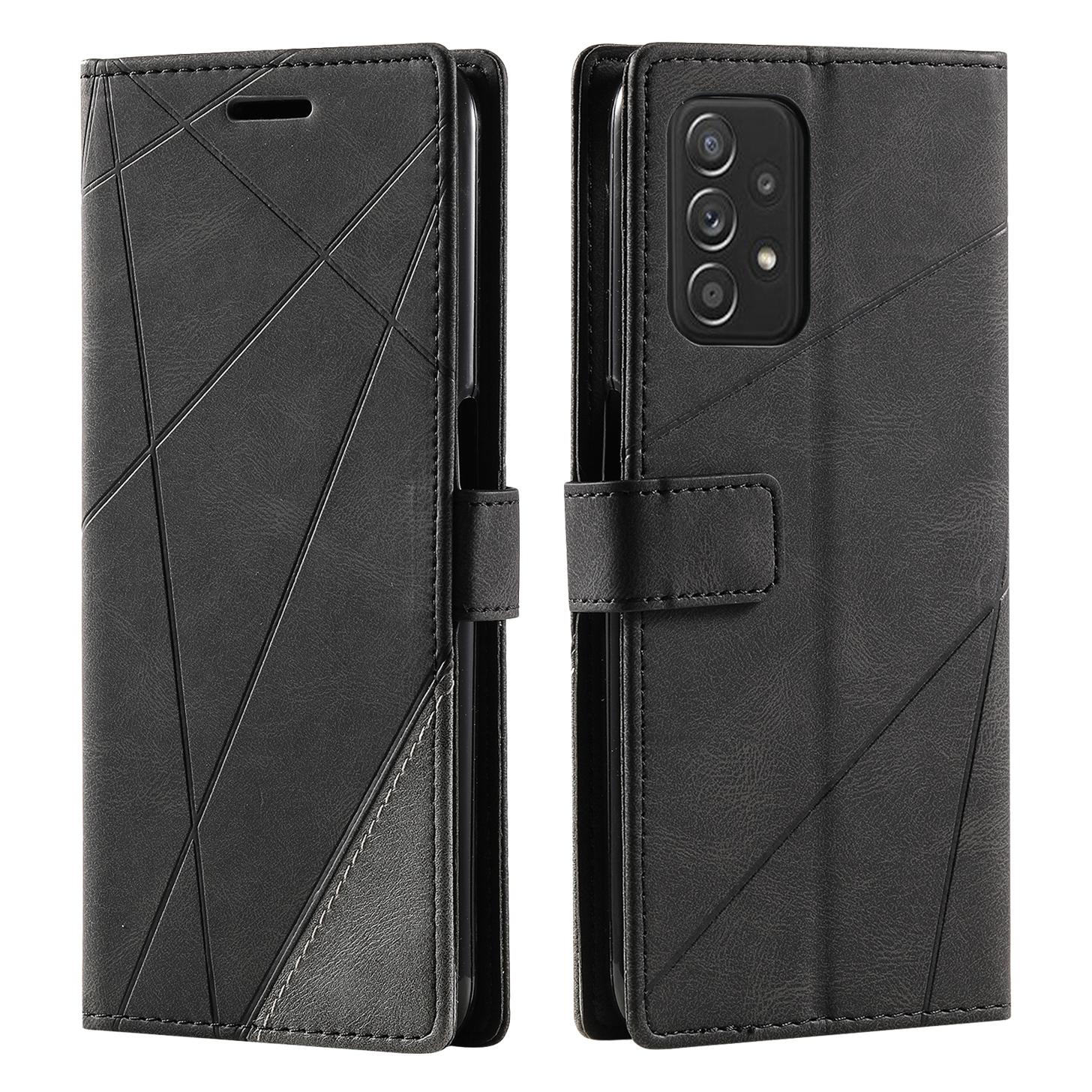 

For Samsung Galaxy A53 5G Wallet Case Lines Imprinted Skin-touch Leather Phone Cover Black