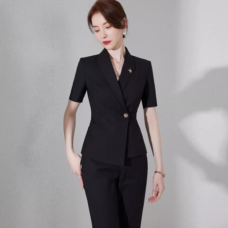 Women's 2023 Petite Summer Short Sleeve Black Suit Jacket - Professional Workwear Set