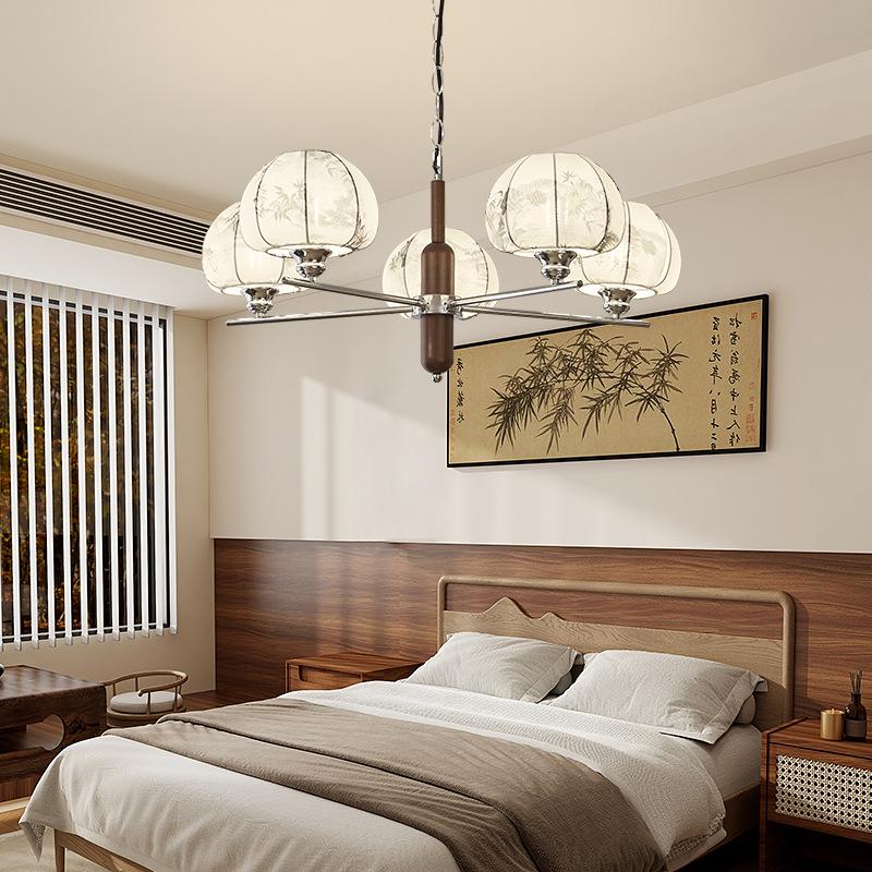 Song Dynasty-Style Chandelier: Retro Nanyang Design with Fabric and Walnut Wood for Living Room, Bedroom, or Dining Room