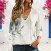 Women Plus Size V Neck Long Sleeve Abstract Printed Eyelet Chain Lace Up Top