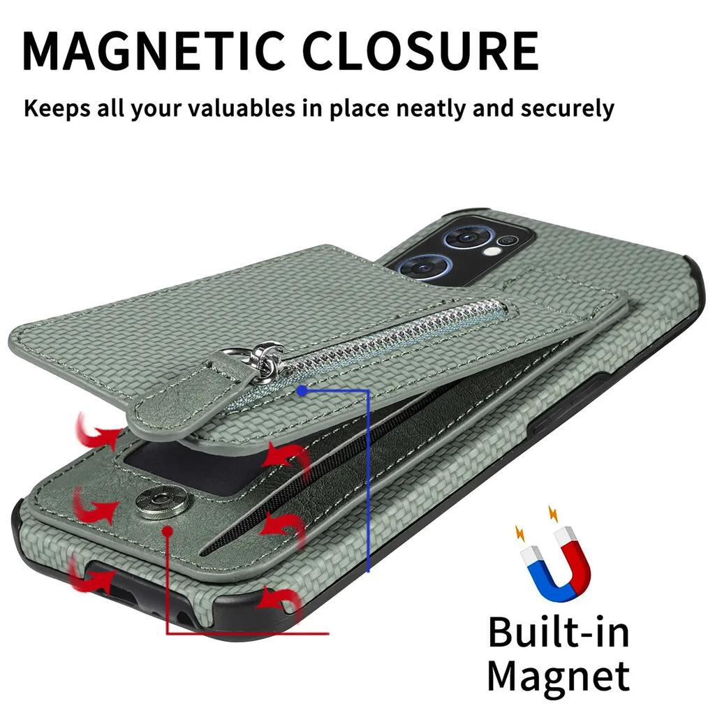 Zipper Magnetic Cards Holder Case For OPPO A38 A79 A58 A97 A78 A72 A74 A93 A94 A16 A57 A52 A54 Card Slot Flip Wallet Back Cover