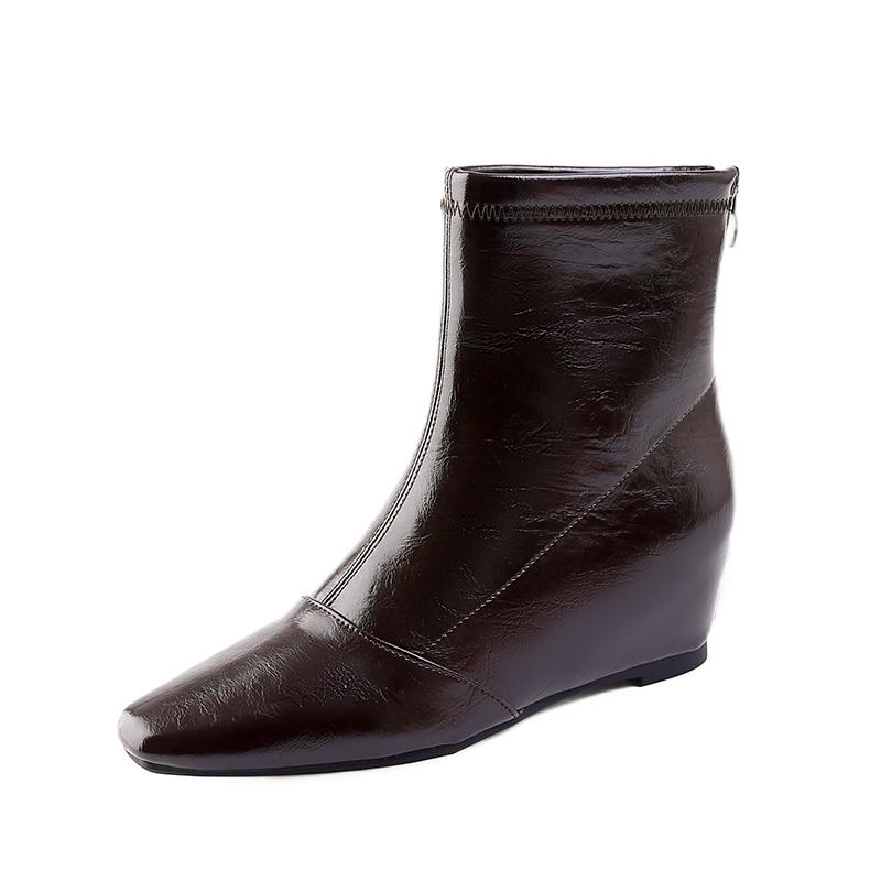 

Wedge Platform Boost Stretch Skinny Boots Women s Square Toe Soft Leather Rear Zipper Vintage Versatile Booties 40 коричневий