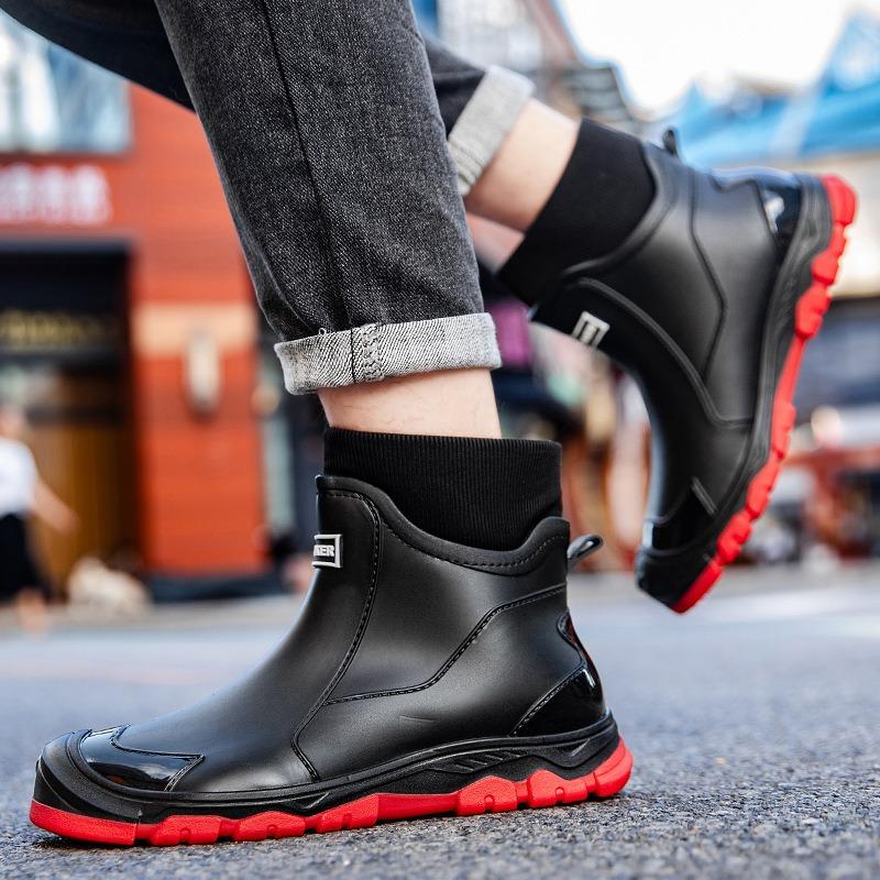 Men's short tube integrated fleece rain shoes with cotton warm waterproof rain boots lightweight work shoes non-slip