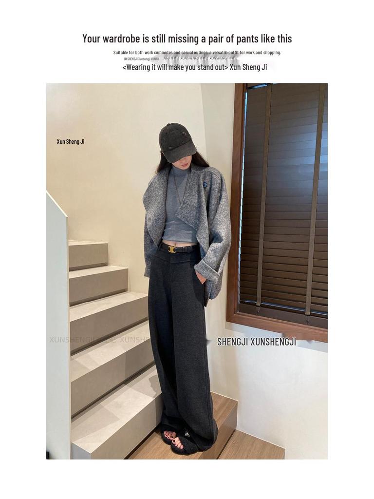 Women's Plus Size Wool Acetate Wide-Leg Pants - Autumn/Winter Thickened Straight-Leg Suit Pants