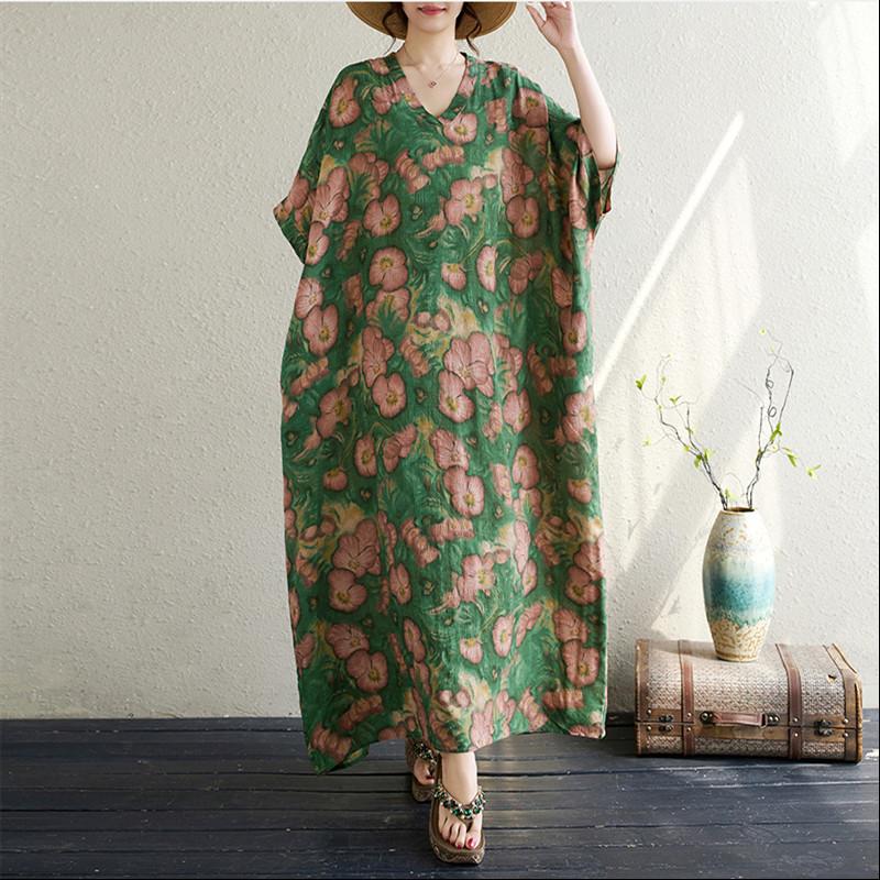 Short Sleeve Plus Size Cotton Vintage Floral New In Dresses for Women Casual Loose Maxi Long Summer Dress