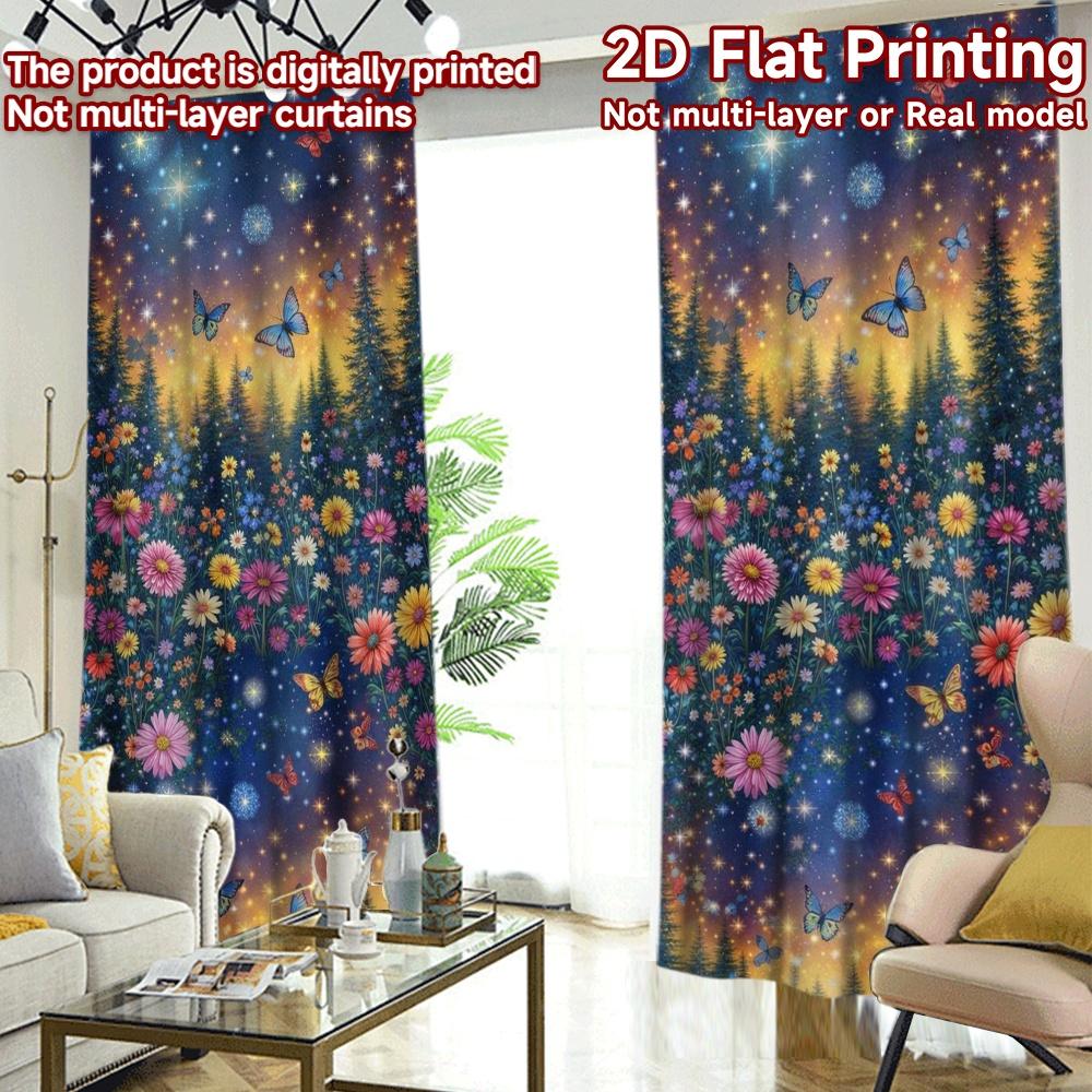 2D FLAT PRINTING 2pcs Curtains (Without Rod) Starry Night Garden Fashionable Chic Curtains Versatile Polyester Curtains weet