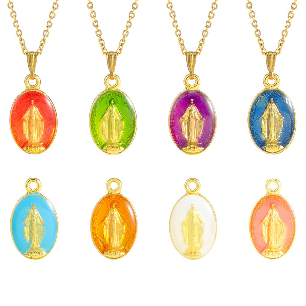 16 Piezas Conector Ovalado Chapado en Oro Medalla de la Virgen María Católica Encanto de Tres Agujeros Para Rosario Hecho a Mano Colgante de Medalla DIY