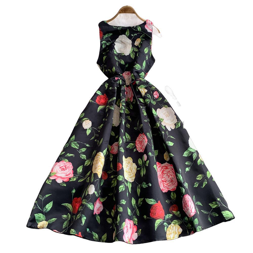 High-end printing temperament sleeveless dress women's summer new waist thin puffy pendulum long skirt
