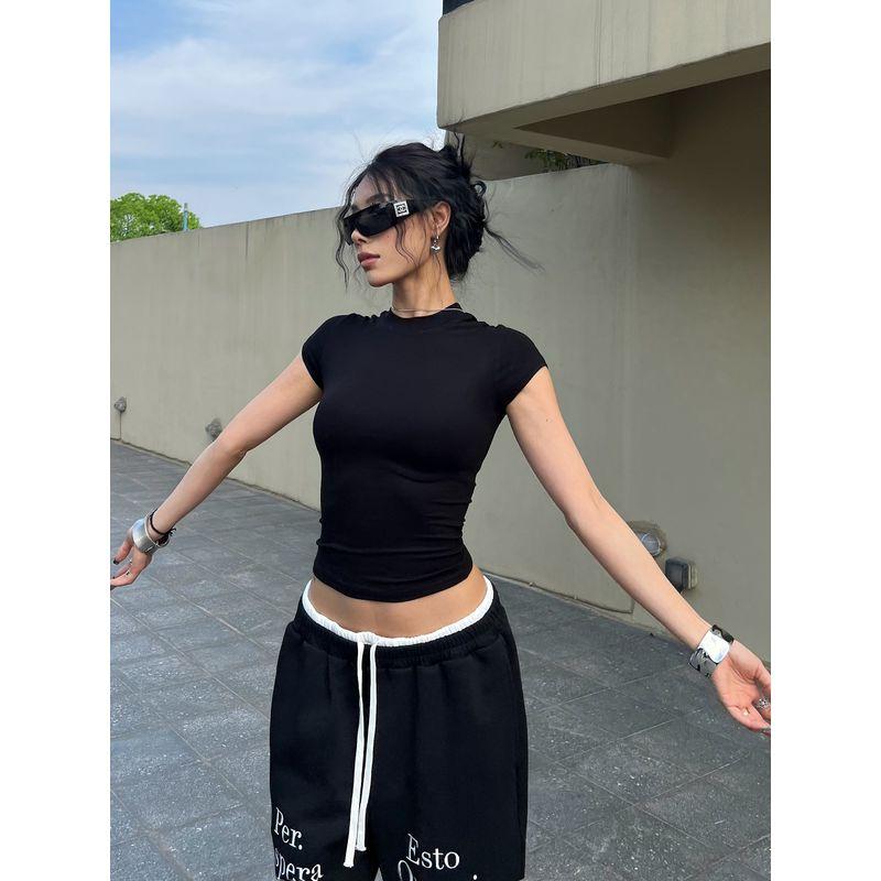 

Pure Color All-Matching High Elastic Zero Restraint Short Sleeve Tops Black M