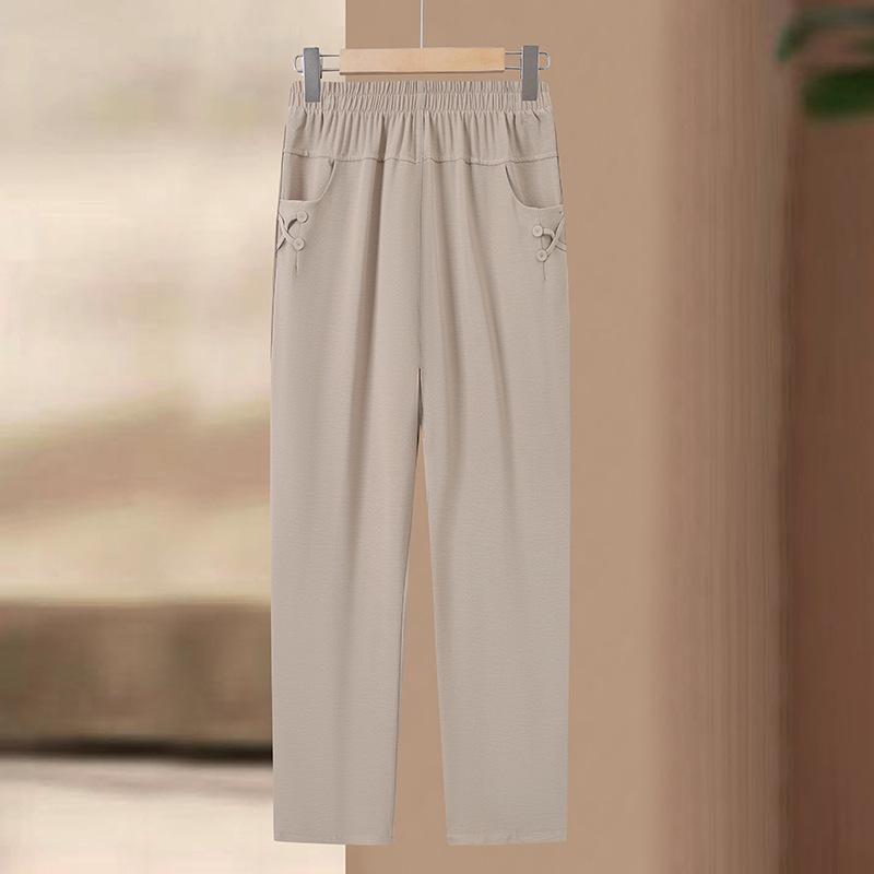 

Mom s Lightweight High-Waisted Pants for Middle-Aged & Elderly Women - Elastic Waist, Straight Leg, Casual Fit XL for 90-110 kg хакі