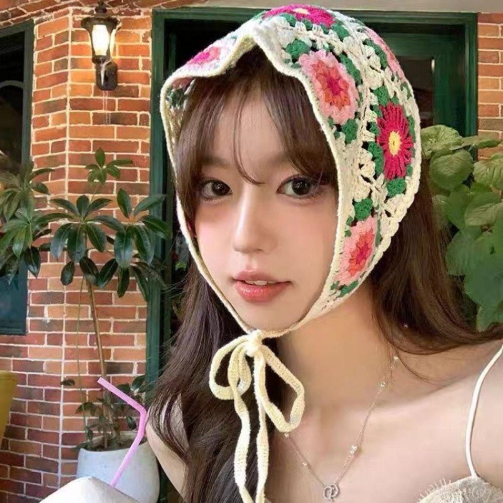 Retro Knitted Headband Floral Women Hair Scarf Elegant Triangle Turban Beach Headwear