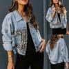 Women's Leopard Print Patchwork Denim Jacket - Long-Sleeved European and American Style