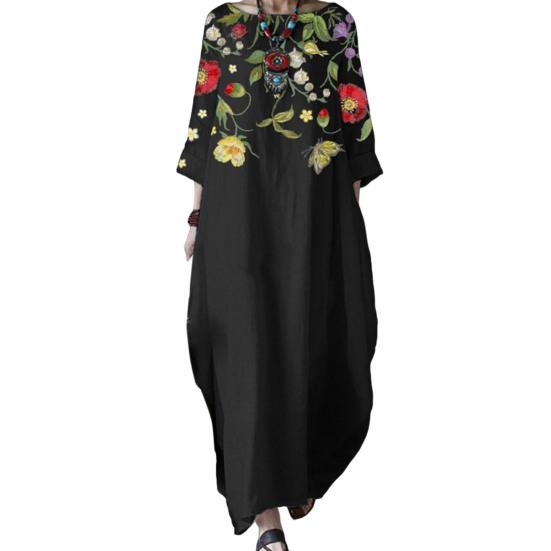 Women Long Dress Round Neck 45720 Sleeves Loose Floral Print Fashion Outfits