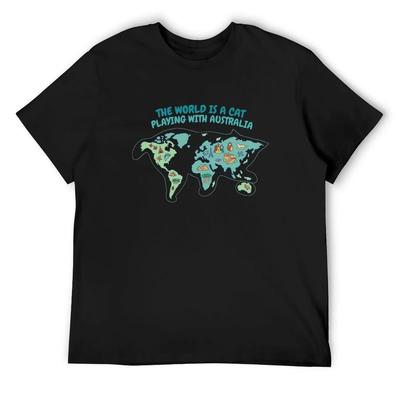 Funny The World Is A Cat Playing With Australia T-Shirt Cotton Graphic Tees Customs Shirts Men Graphic