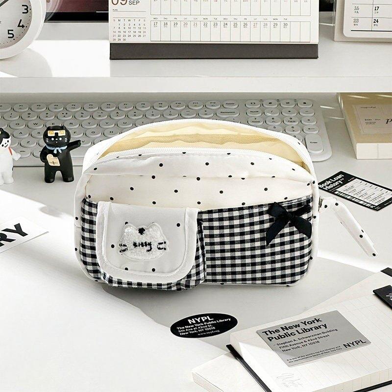 Kawaii Schleife Stern Gitter Federmäppchen Aufbewahrungstasche Tragbar Multifunktional Stifteetui Schreibwaren Organizer Schreibwaren
