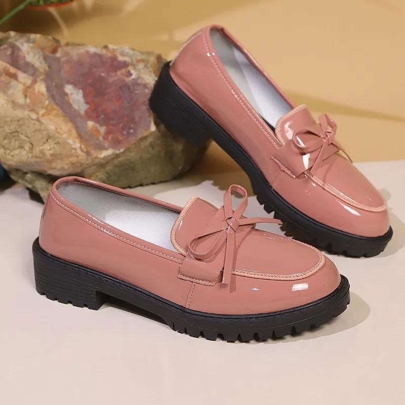 Womens Patent Leather Shoes Women Loafers British Tassel Casual Female Flat Shoes Bowknot Comfortable Small Leather Shoes