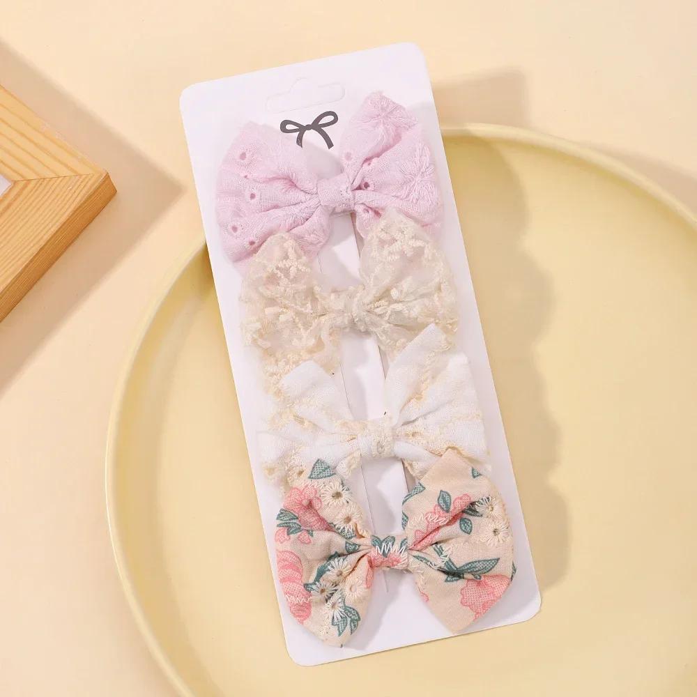 4Pcs Sweet Lace Printed Bowknot Hair Clips for Hair Girls Handmade Hairpin Boutique Barrettes Headwear Baby Hair Accessories