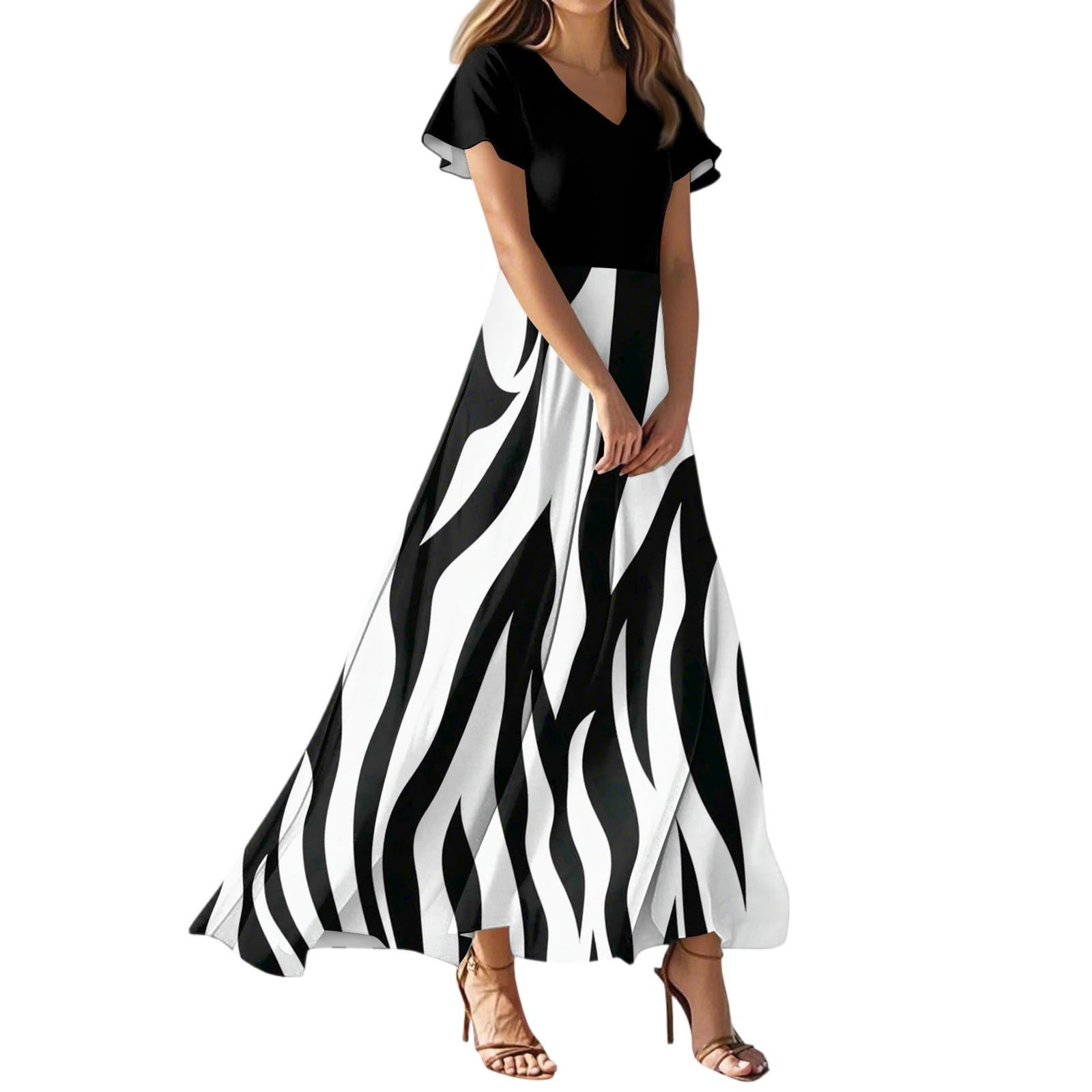 

Women s Summer Casual Fashion Striped Printed Dress V Neck Short Sleeve Dress XXL