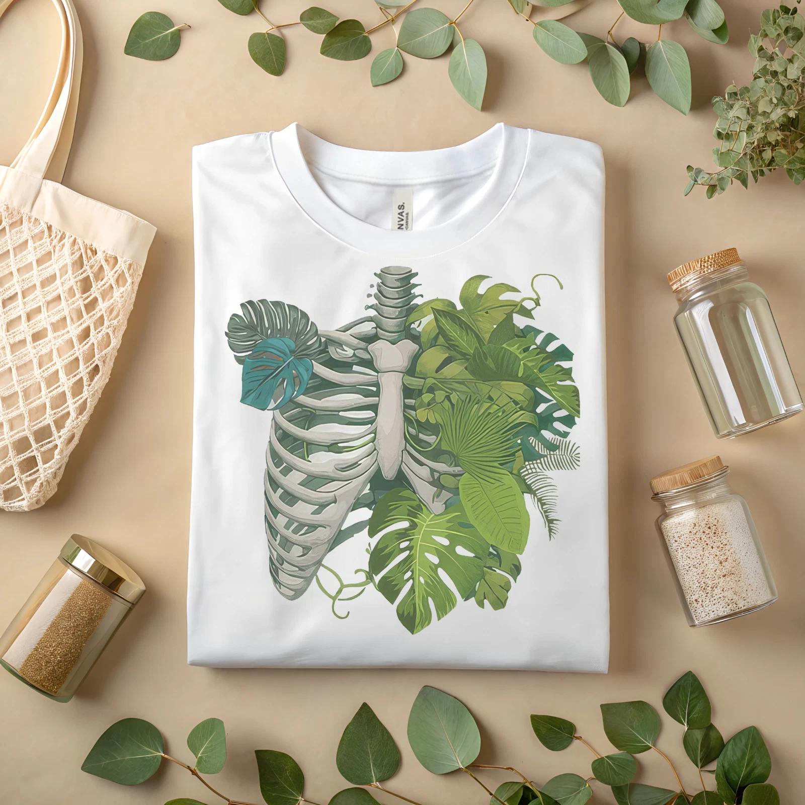 Skeleton Rib Cage Jungle T-Shirt – Gothic Botanical Graphic Tee A140 S