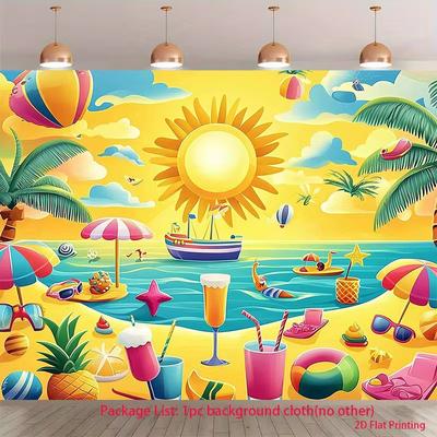 2D Cartoon Beach Backdrop - Colorful Summer Sun Sea Drinks Photography Background Banner for Pool Party Decor