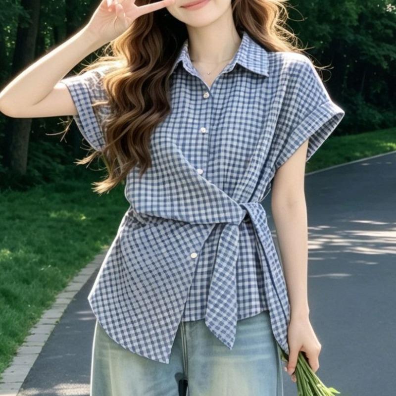 Checkered Women s Shirt Loose Flip Collar Single Breasted Buttons Ladies Short Sleeved Shirts Spring Casual Fashionable Female Top M