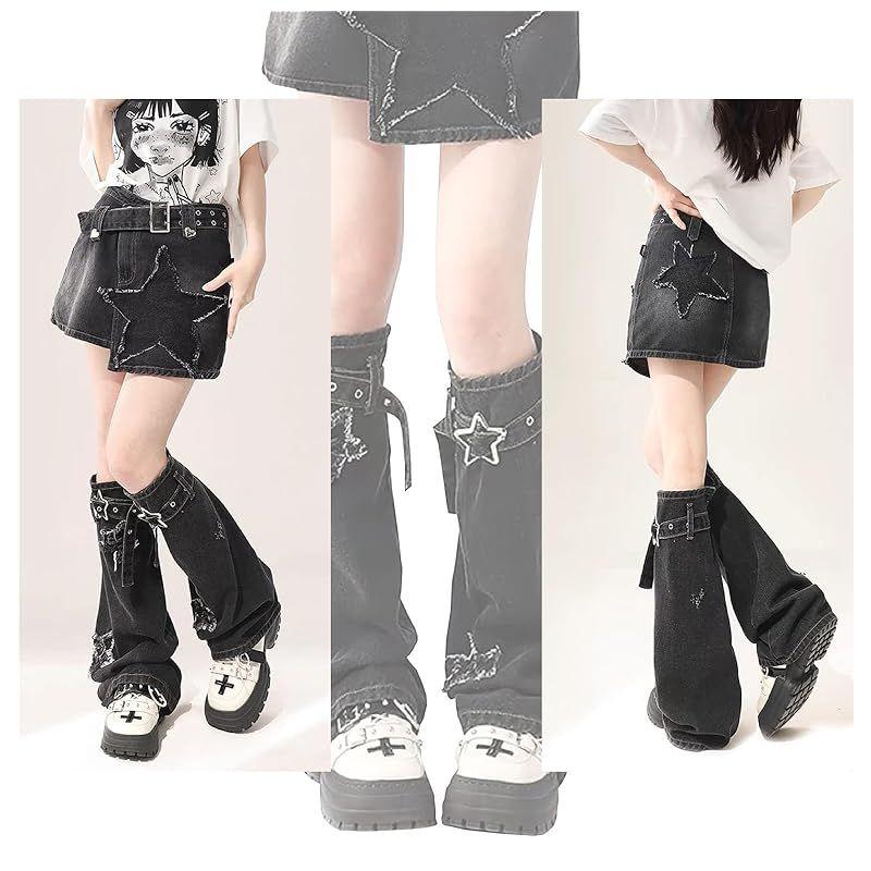 Used [New] [YEMOCILE] Harajuku Punk Leg Warmers Women's Distressed Belt Loose Socks Star Pattern Denim Leg Cover Y2K Landmine Gothic Ribbon Cute